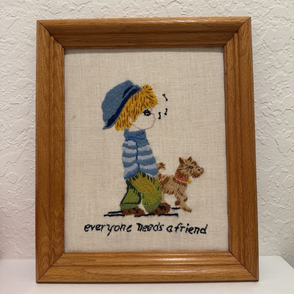 Vtg Crewel Framed Wall Art Boy Dog Friend 1970s Mid Century Finished Needlepoint